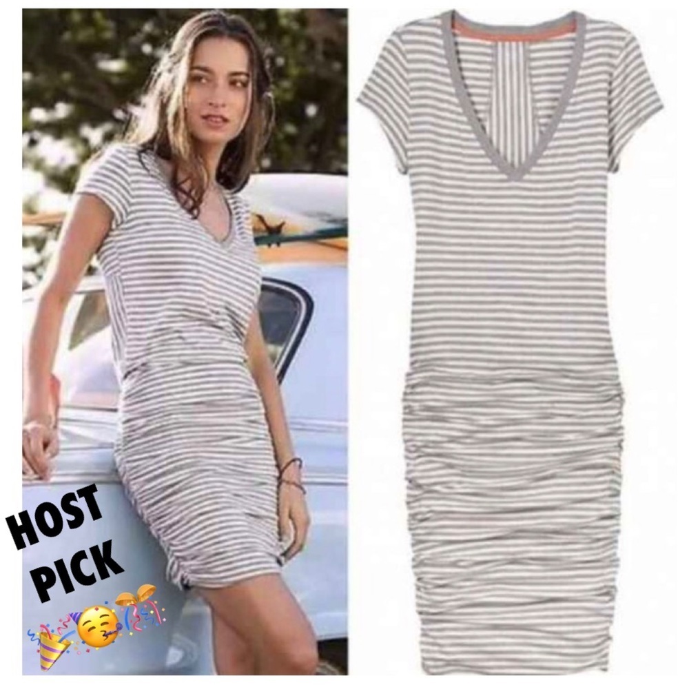 Athleta Short Sleeve Mini Dress Topanga Grey White Striped Ruched Side